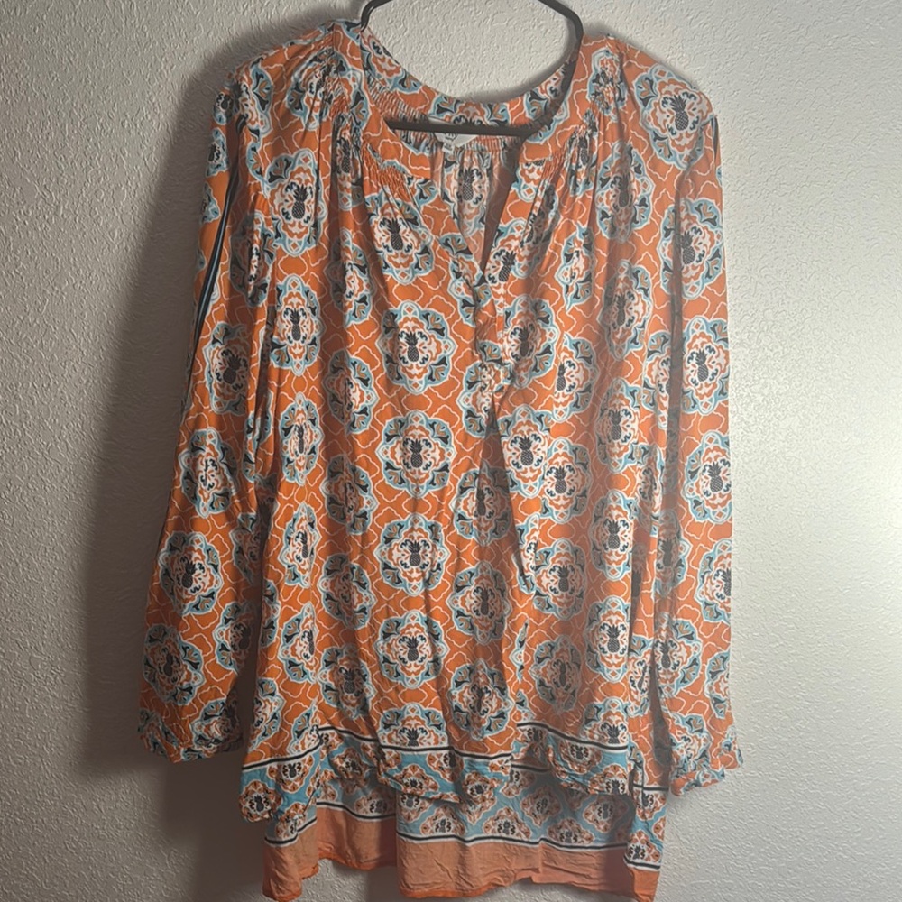 ❗️SOLD❗️Crown & Ivy Orange and Blue Patterned Blouse - Picture 1 of 4